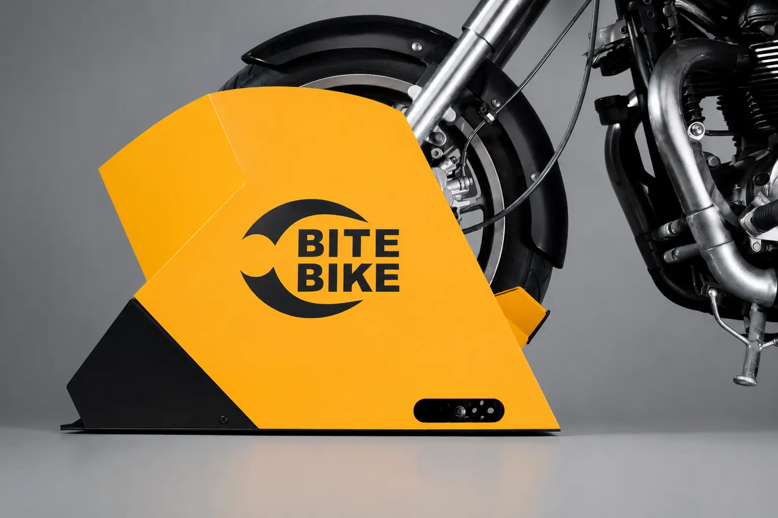 Connected BiteBike station holding the front wheel of a motorcycle