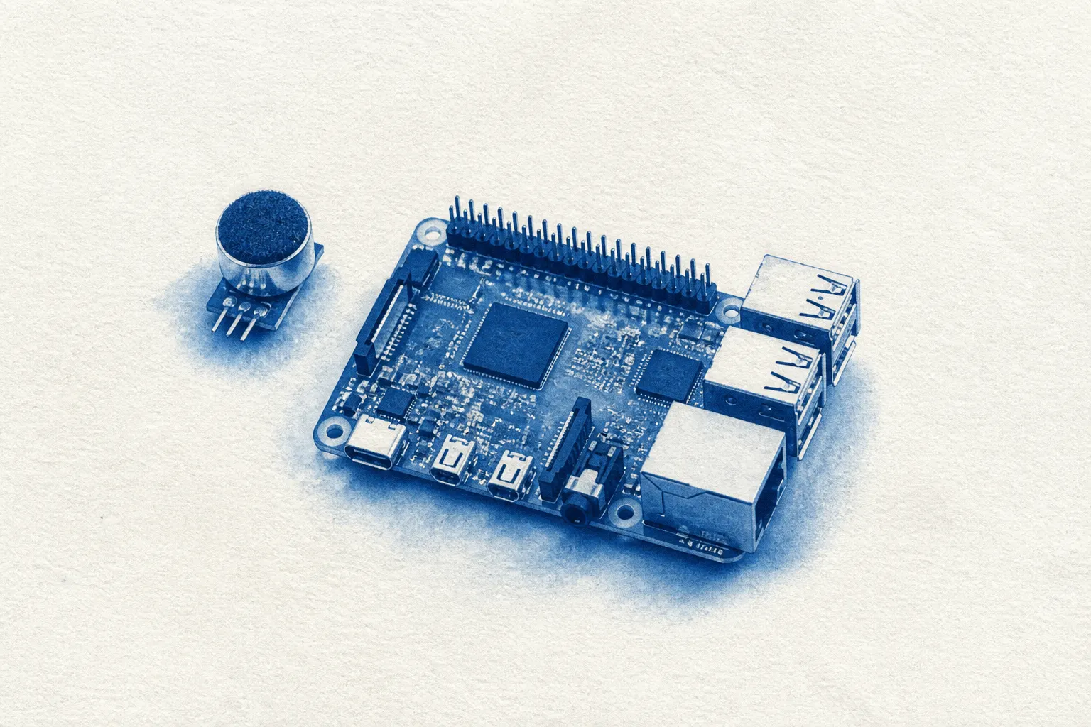 Cyanotype of a Raspberry Pi board beside a small microphone